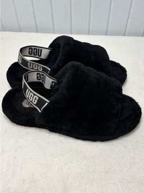 UGG Black Plush Slide Slippers with Branded Elastic Strap Size 11